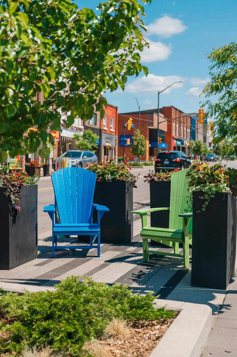 Placemaking Patio Downtown Midland with King Street in the background