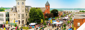 Overhead view of King Street packed with people and vendors for the Butter Tart Festival